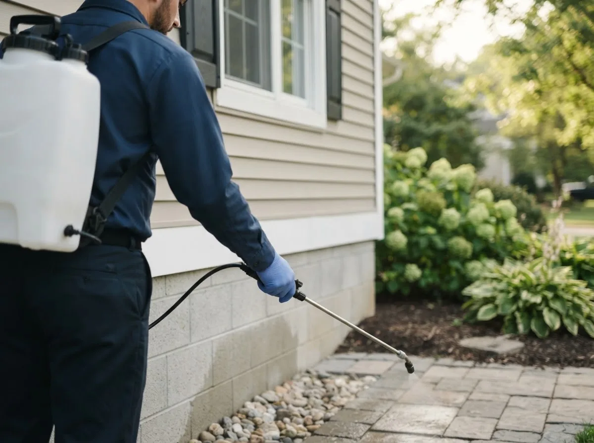 Pest control technician inspecting a home in Hartford, OH